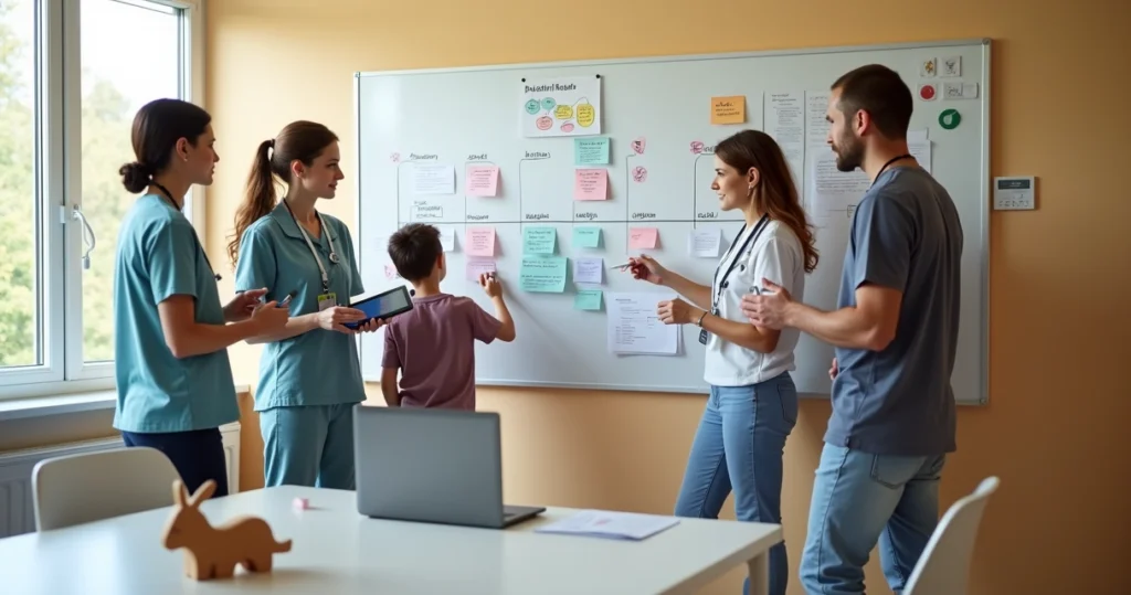Equipe multiprofissional reunida em torno de mural com linha do tempo de criança em reabilitação