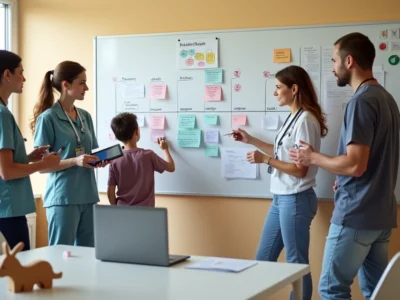 Equipe multiprofissional reunida em torno de mural com linha do tempo de criança em reabilitação