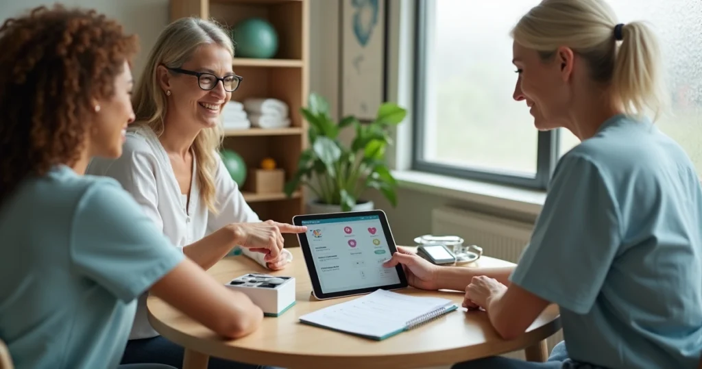 Terapeuta mostra opções de pagamento em tablet para paciente no consultório