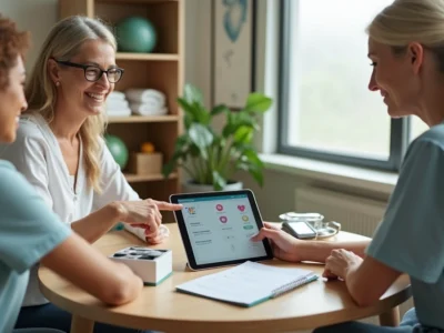 Terapeuta mostra opções de pagamento em tablet para paciente no consultório