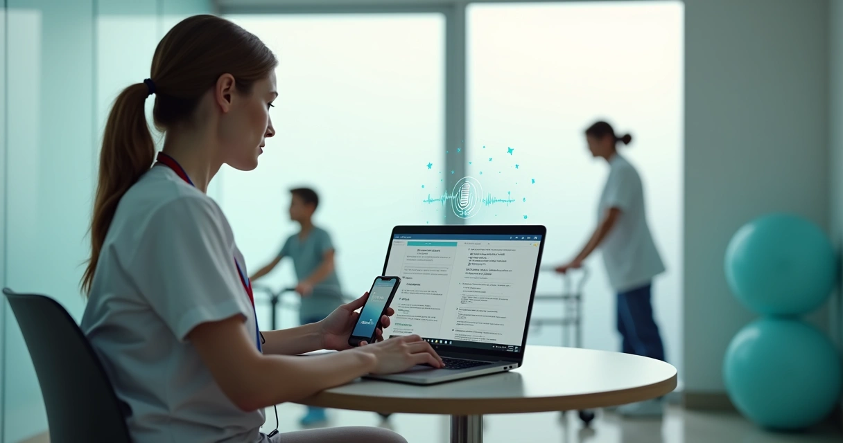 Terapeuta de reabilitação grava áudio enquanto prontuário digital é gerado em tela com apoio de IA