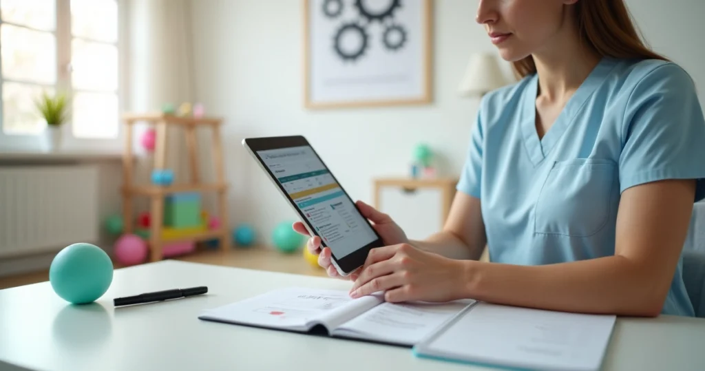 Terapeuta observando prontuário eletrônico em tablet como ferramenta de trabalho