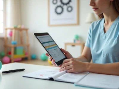 Terapeuta observando prontuário eletrônico em tablet como ferramenta de trabalho
